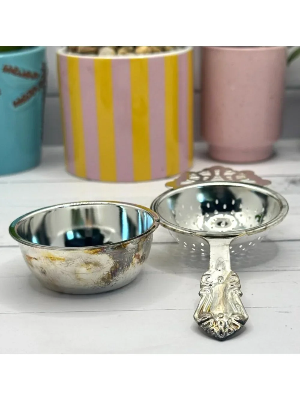 Genuine Silverplate Tea Strainer Set W/Ornate Handle & Base For Loose Leaf Tea